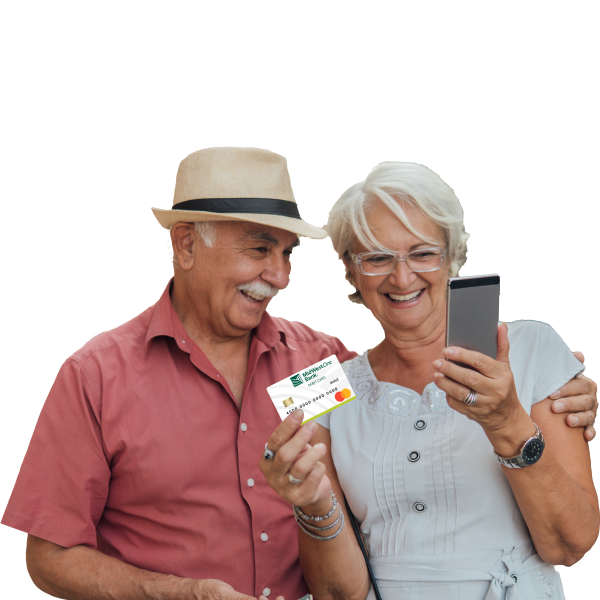 Light skinned male with white mustache wearing red button down shirt and tan hat with arm around woman with light skin and white hair wearing blue shirt holding cell phone and MidWestOne Bank debit card