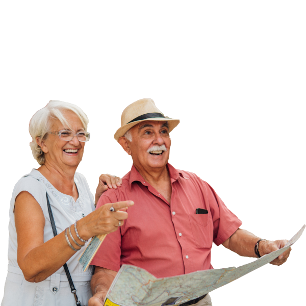 Woman with light skin and white hair wearing light blue short sleeve shirt standing next to man with red button down shirt and tan hat holding paper map