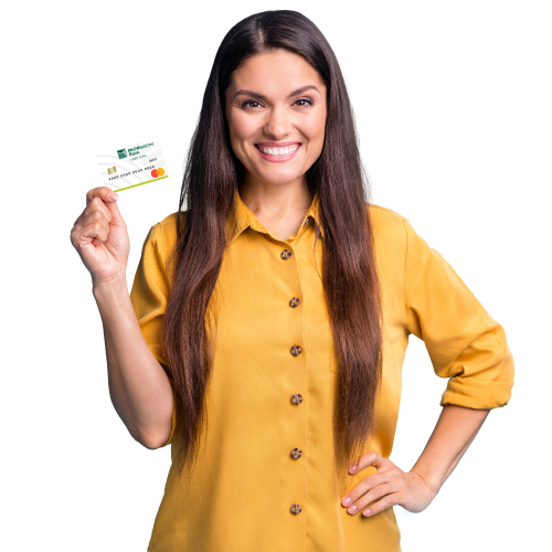 Woman with light skin and dark brown hair wearing a button down yellow shirt smiling holding midwestone debit card